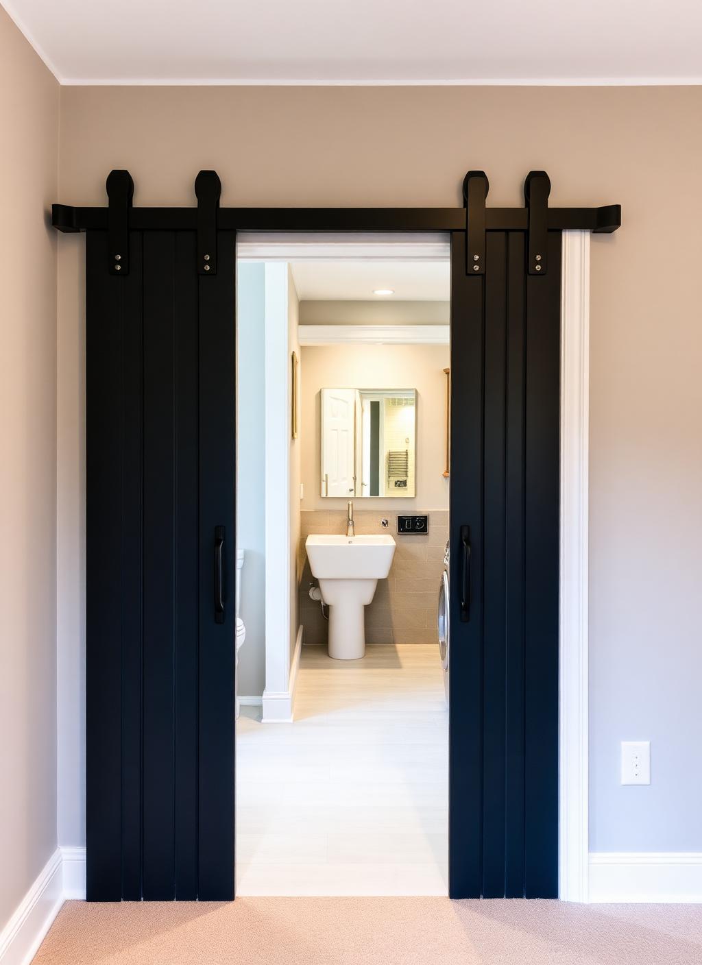 Black-hardware barn-track sliding door opening into the basement bathroom, laundry machines visible to the left