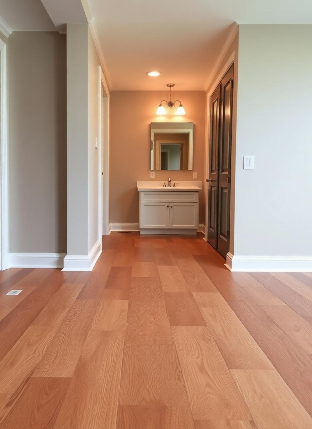 Wide-plank Luxury Vinyl Plank flooring installed in the finished basement — warm wood tones, waterproof finish