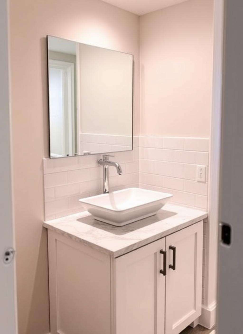 Basement bathroom vanity with rectangular vessel sink on marble-look quartz counter, subway tile backsplash and wave LED vanity light