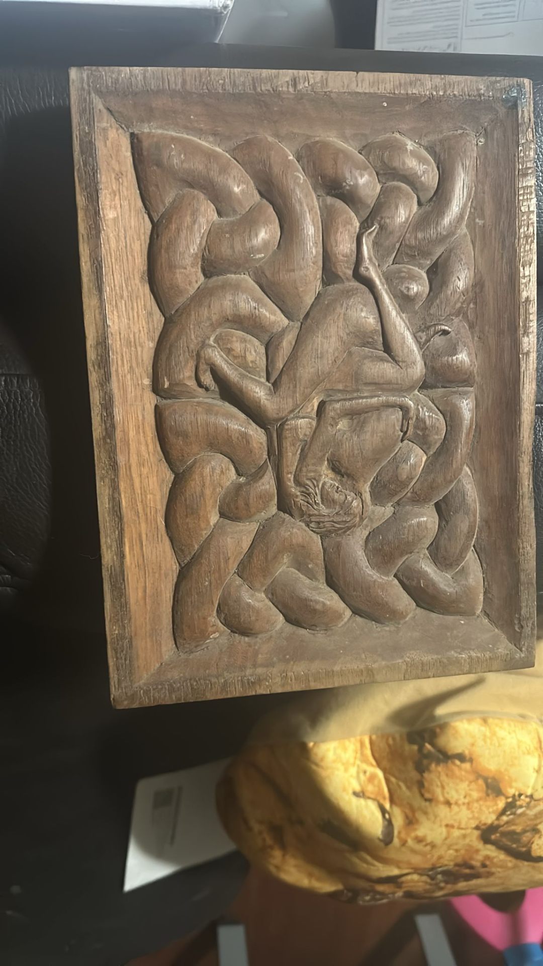 Hand-carved Celtic knotwork panel in walnut