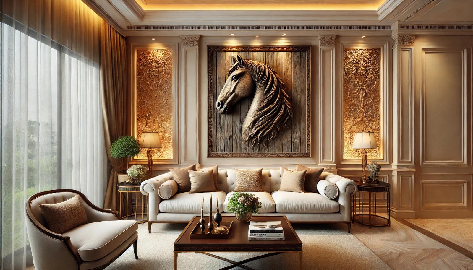 Hand-carved equine relief installed as a statement piece in a luxury living room